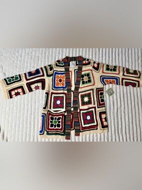 John Mark Cream and Multicolor Crochet Granny Cardigan